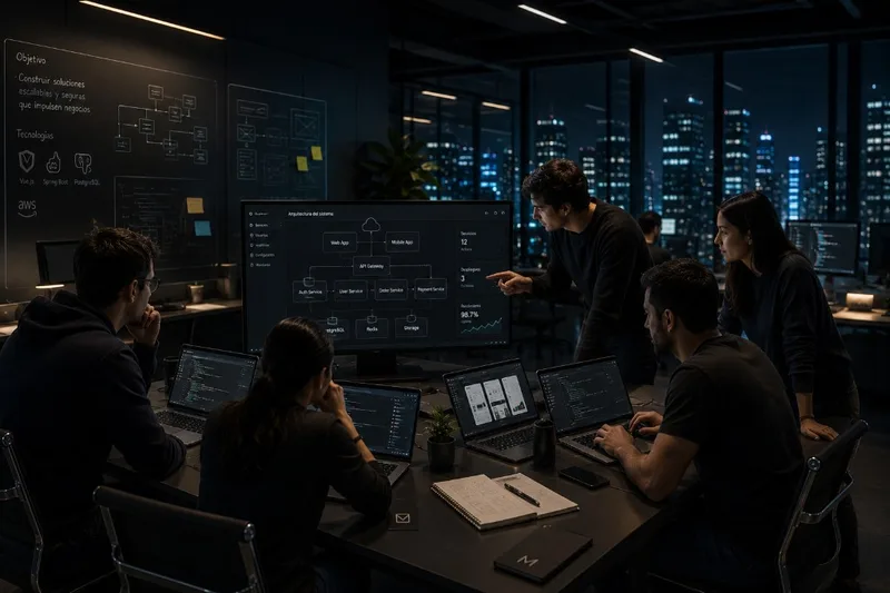 Equipo Metasoft revisando arquitectura de sistema en una sesión de trabajo