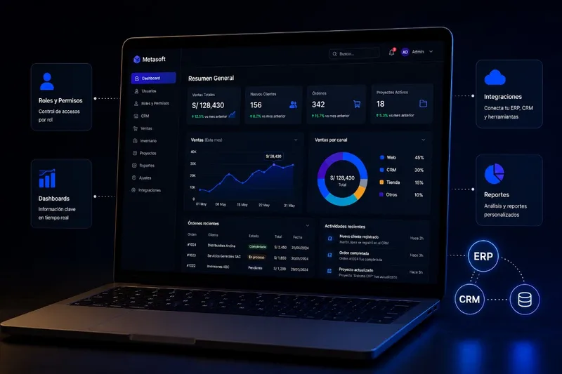 Aplicaciones web a medida — panel empresarial con roles, reportes e integraciones